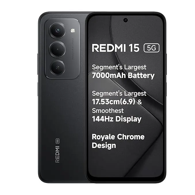 Redmi 15 5G Midnight Black 6GB + 128GB | Segment's Largest 7000mAhA Battery | Segment's Largest Display 17.53cm(6.9) Up to 144Hz | Snapdragon 6s Gen 3 | 18W Reverse Charging | 50MP AI Dual Camera 