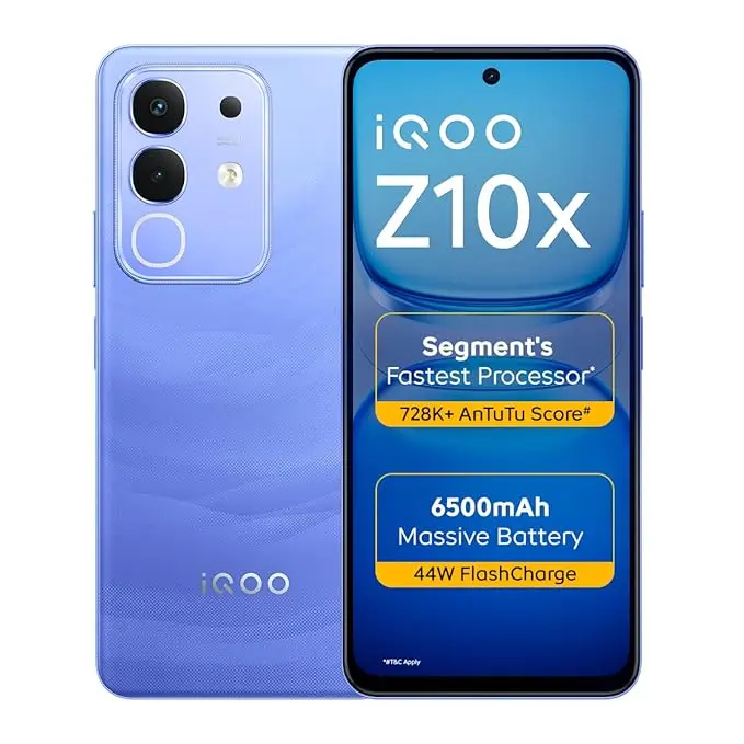 iQOO Z10x 5G (Ultramarine, 6GB RAM, 128GB Storage) | 6500 mAh Large Capacity Battery | Dimensity 7300 Processor | Military-Grade Durability 